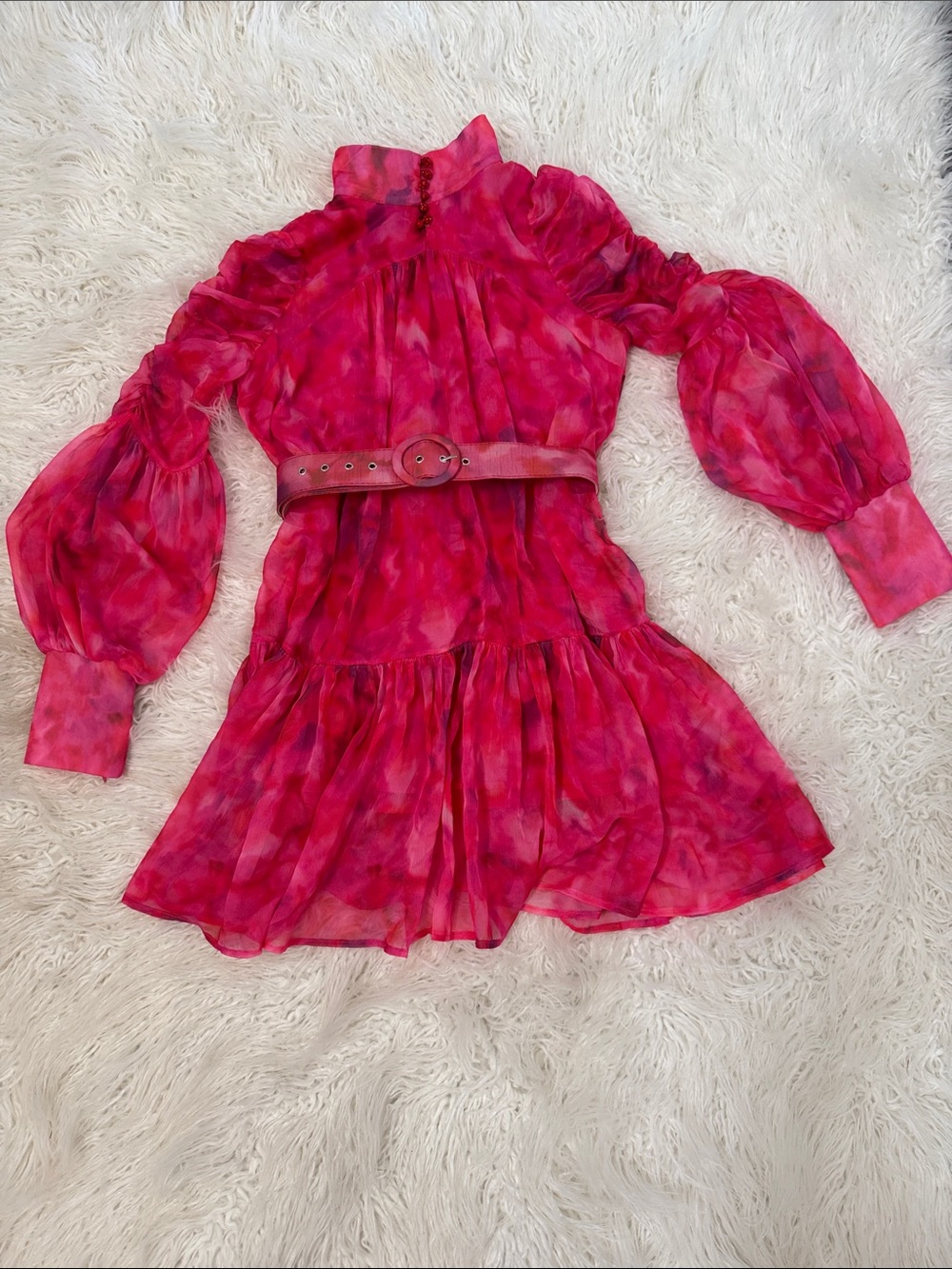 Women's Fuchsia Tie-Dye Mini Dress with Balloon Sleeves